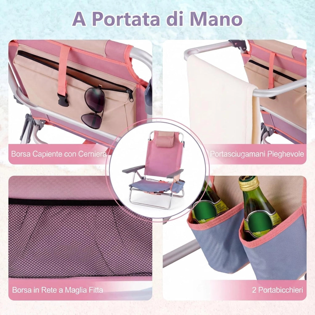 Set di 2 Sedie e Tavolino da Spiaggia Pieghevole, Schienale Regolabile a 5 Livelli, con Portatesta, Borsa Portaoggetti, Borsa Termica, per Campeggio Picnic Esterno (Rosa Chiaro, Modello 2)