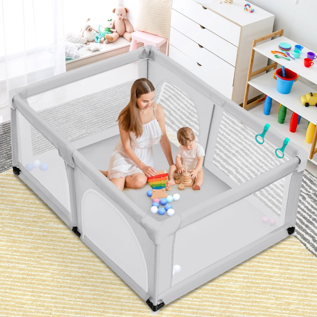 Box per bambini con cancello extra large e rete traspirante, Centro attivit¨¤ portatile per interno Grigio