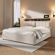 Letto matrimoniale 140x200 cm con 4 cassetti; USB C; testiera regolabile; lino beige