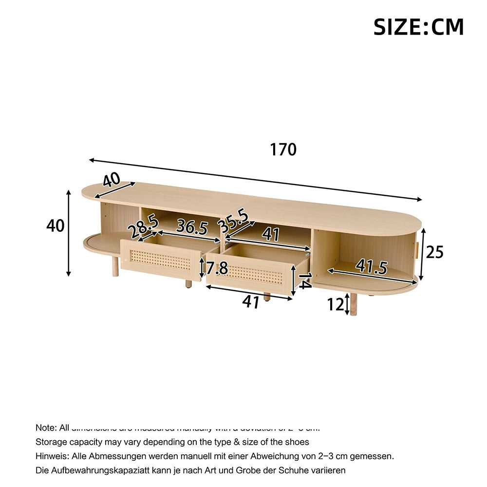 Mobile TV Ovale 170x40x40cm - Xylo - 2 Cassetti in Vimini, 2 Ante Scorrevoli, Legno