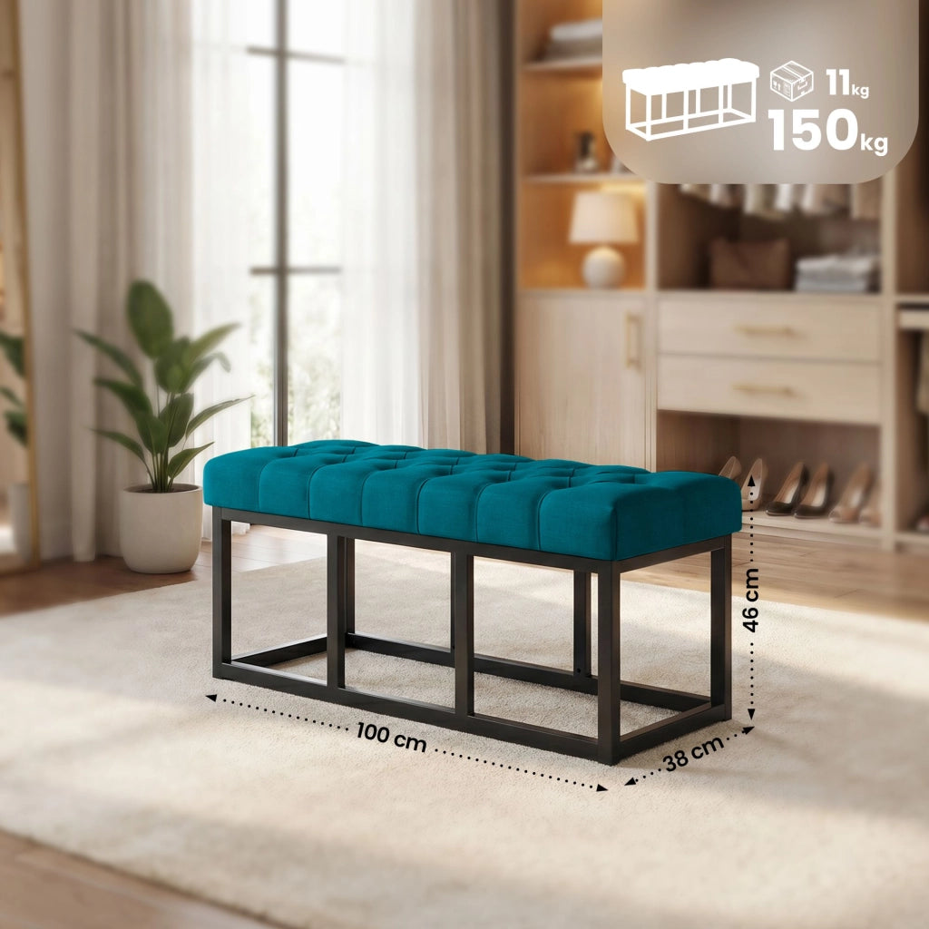 Panca design AMUN in metallo nero opaco e tessuto blu,100 cm