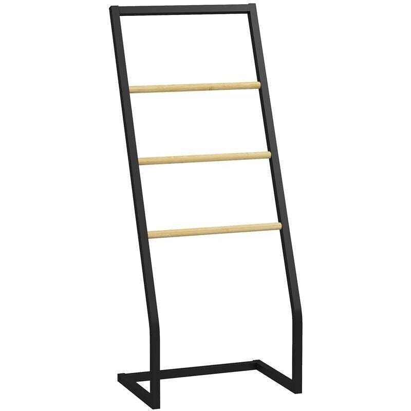PORTASCIUGAMANI A 4 SBARRE IN ACCIAIO E BAMBÙ, 40.5X28X98CM, NERO E COLOR LEGNO