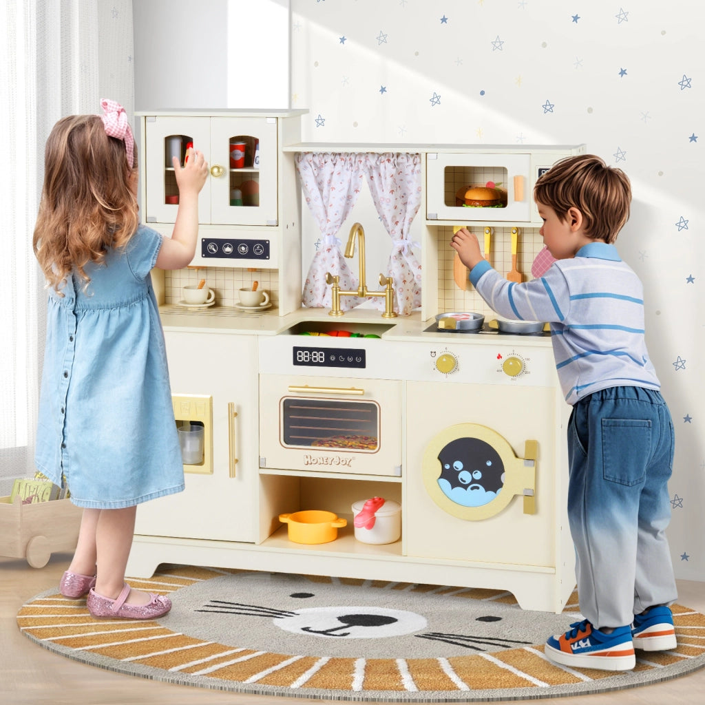Cucina giocattolo bambini legno 3+ anni fornelli rubinetto lavello caffè ghiaccio-Set gioco microonde 14 accessori