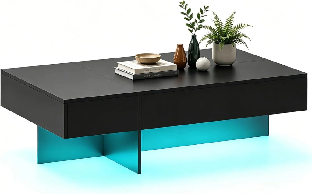 Tavolino Salotto Rettangolare con Luci LED, Tavolino da Caffè Moderno con 3 Cassetti e Piedini Antiscivolo, Luminosità e Colore Regolabili, per Soggiorno e Ufficio, 120 X 70 X 35 CM (Nero)