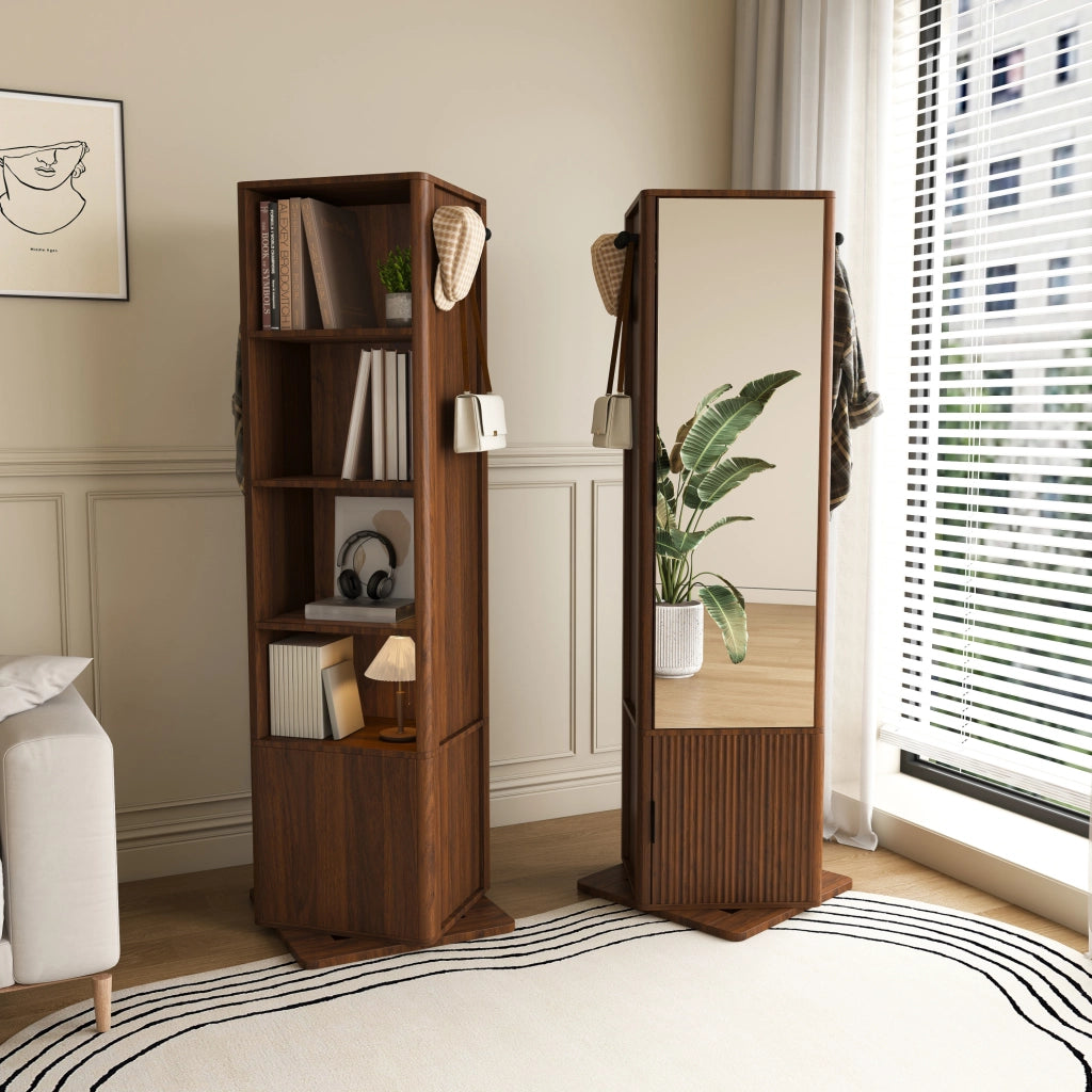 Armadio specchio girevole 4 in 1 con contenitore; 50x50x170 cm; MDF effetto noce