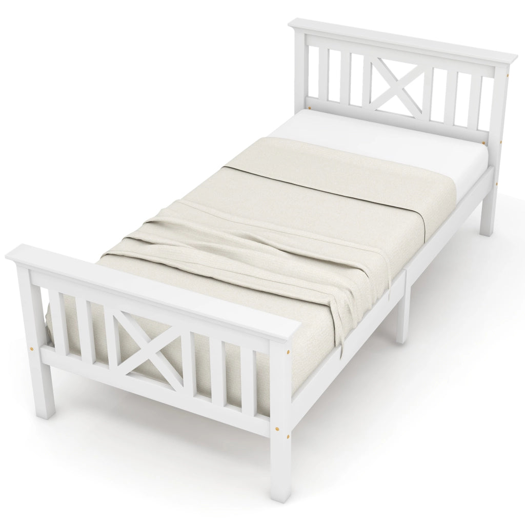 Letto singolo in legno massello bianco 90x200 cm con testiera a X e rete a doghe