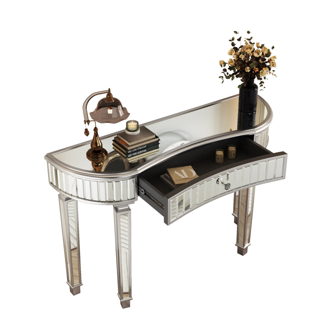 Tavolo consolle a mezzaluna specchiato 120 cm grigio e argento con cassetto