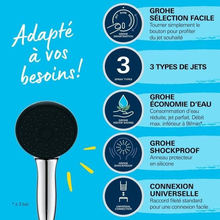 Soffione doccia - GROHE Vitalio Start 110 26031001 - 3 getti (Pioggia/Stimolante/Massaggio) - Selezione facile - Risparmio idrico - Cromo