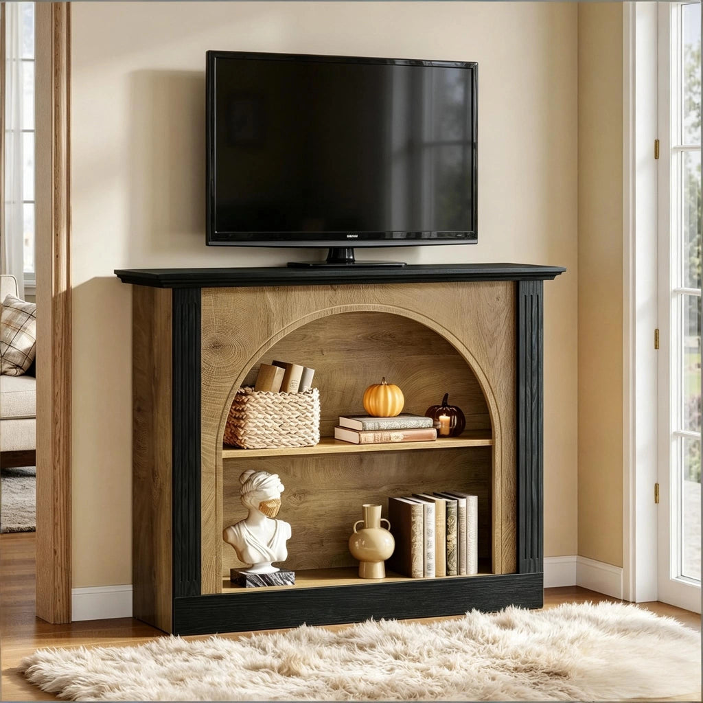 Consolle in legno con 3 ripiani e vano semicoperto, stile mid-century modern, per ingresso e soggiorno, nero rustico