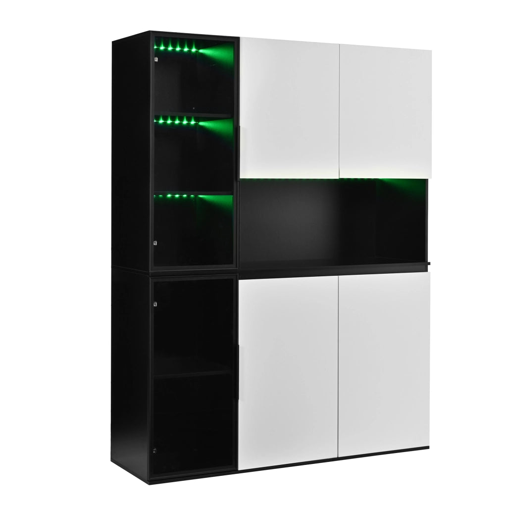 Credenza e madia con LED, 2 ante in vetro e vani contenitore, per soggiorno e sala da pranzo, 120 × 40 × 160 cm