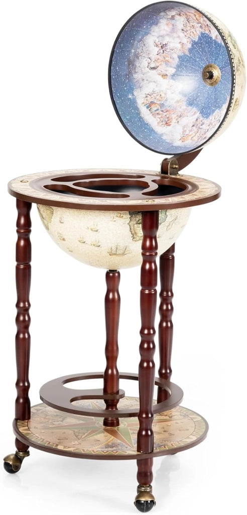 Porta Bottiglie di Vino con Ruote, Mappamondo Bar, Portabottiglie Vino in Legno Eucalipto, Carrello da Bar, Mini Bar con Ruote a Stile Classico (45 x 45 x 88 cm, beige)