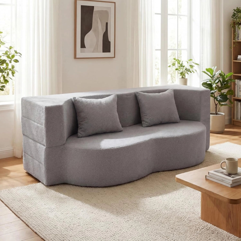 2 in 1 Divano Letto Pieghevole, Divano a 2 Posti in Pile Teddy con 2 Cuscini Comodi, Nessun Montaggio, Divanetto Convertible Moderno per Soggiorno Camera Ospiti, 192,5x84x62 cm (Grigio)
