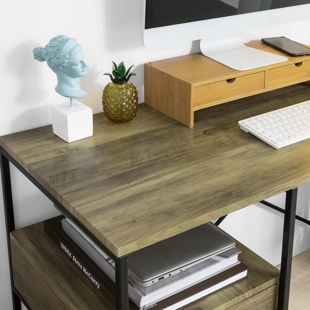Scrivania per computer con 1 cassetto e 4 ripiani, utilizzata per l'ufficio e la camera da letto con struttura in ferro 118 x 48 x 75 cm FWT61-N
