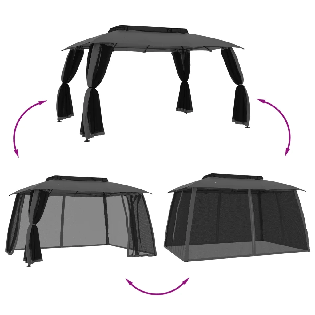 Gazebo Tetto Doppio e Pareti Rete Antracite 3,93x2,93 m Acciaio 368452