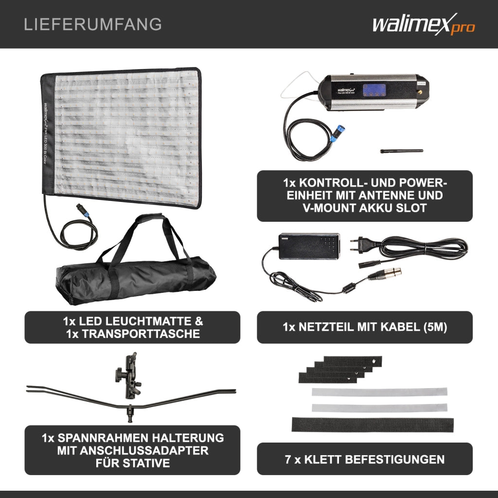 Flex LED 500 Pannello luminoso a LED bicolor, illuminatori LED per fotografia 50 W, luce fotografica flessibile e dimmerabile con display e slot per batteria ricaricabile