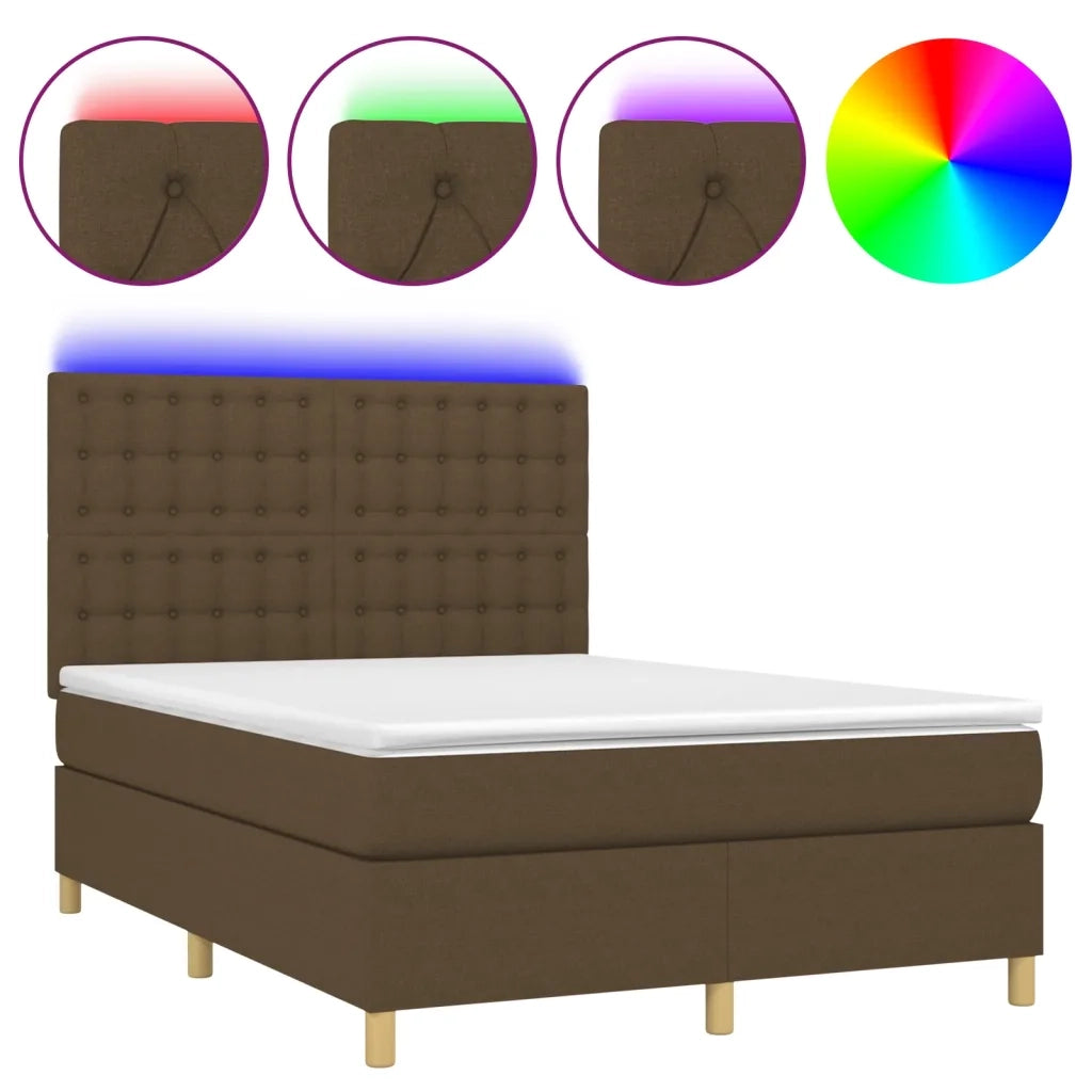 Letto a Molle Materasso e LED Marrone Scuro 140x200 cm Tessuto 3135760
