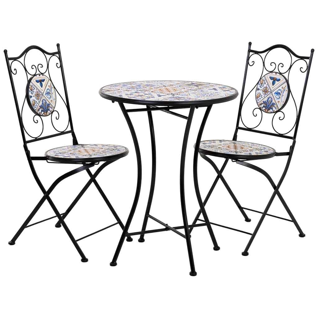 Set tavolo e due sedie in mosaico nero e ferro battuto tavolo: D60x75h - sedia (2): D38x46-90h
