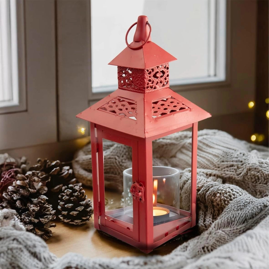 Lanterna di Natale in Metallo con Vetro Decorato – Decorazione Natalizia da Interno ed Esterno 12x12x27 cm