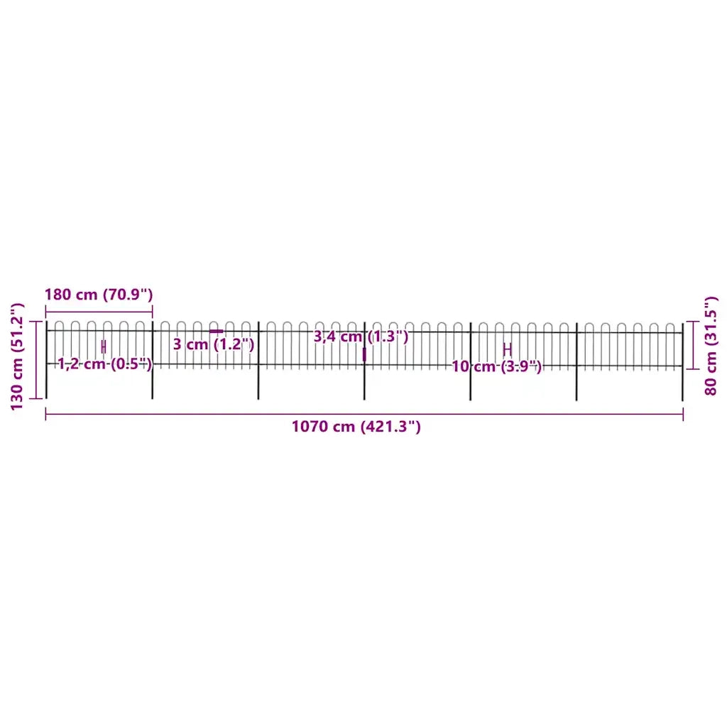 Recinzione da Giardino con Parte Superiore ad Anello in Acciaio 1070x80 cm Nera 277652