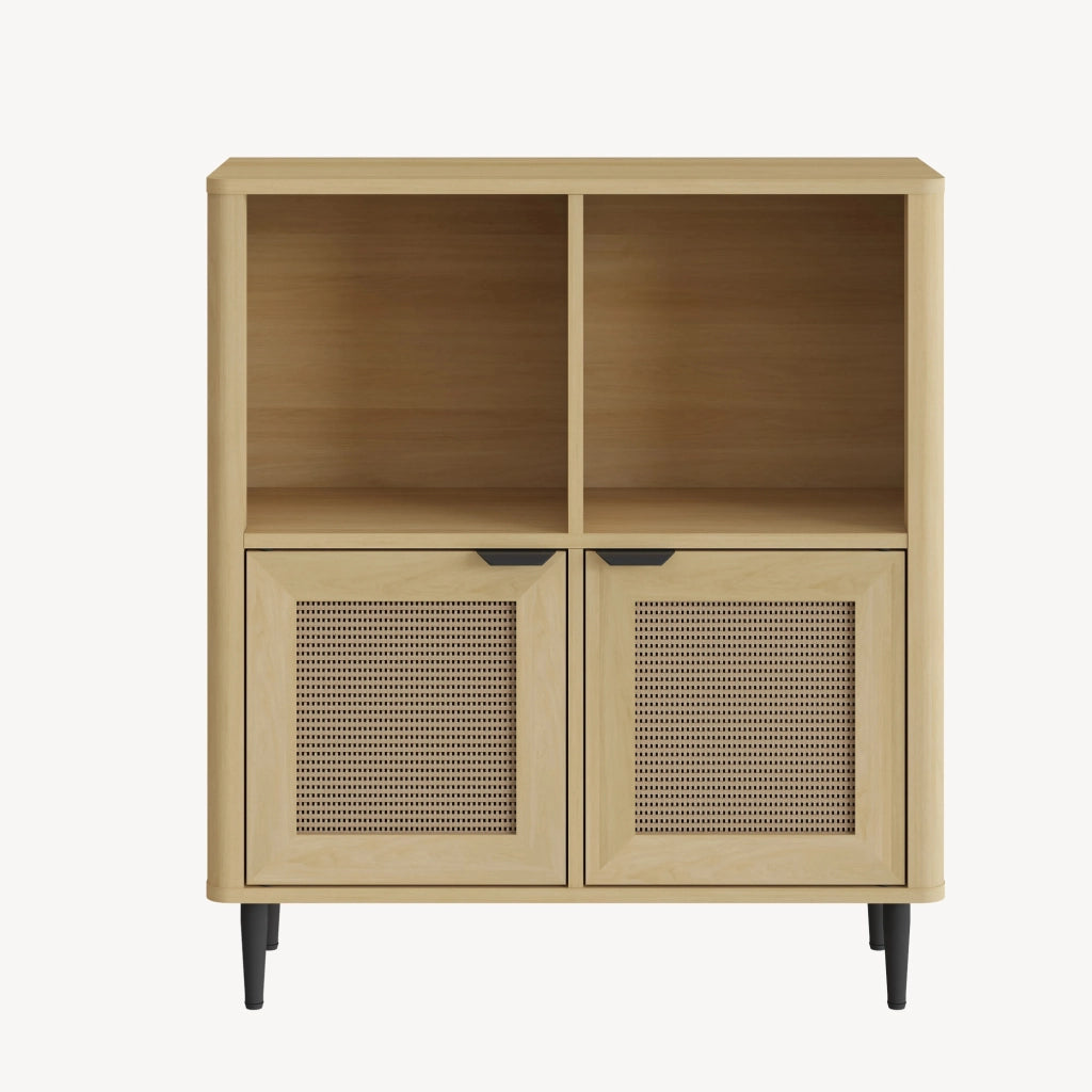 Mobile Contenitore Lukhomso a 2 Ante con Inserto Intreccio e 4 Scomparti 85 x 75 x 30 cm - Effetto Rovere/Rattan [en.casa]