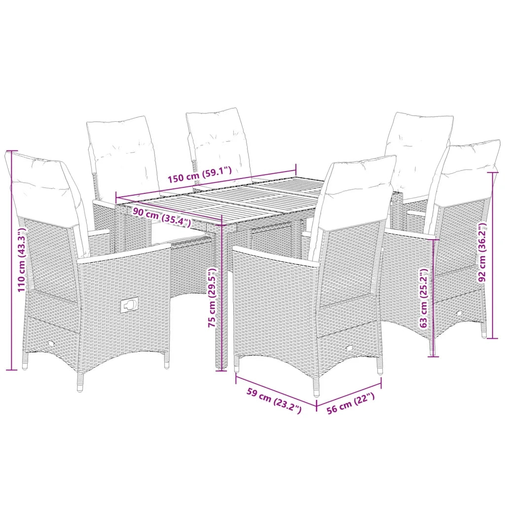 Set da Pranzo da Giardino 7 pz Nero con Cuscini in Polyrattan