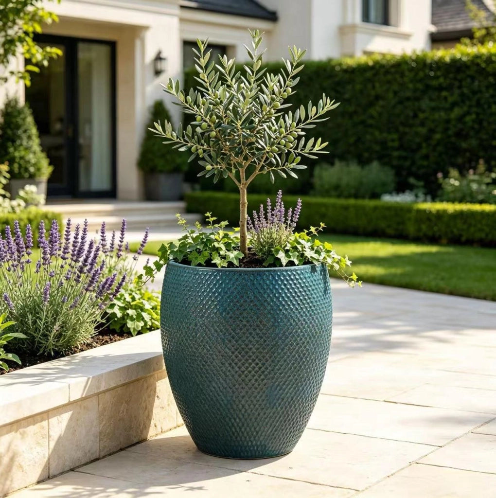 Vaso per piante grande in ceramica turchese diametro 46 cm con rilievo a rombi e drenaggio