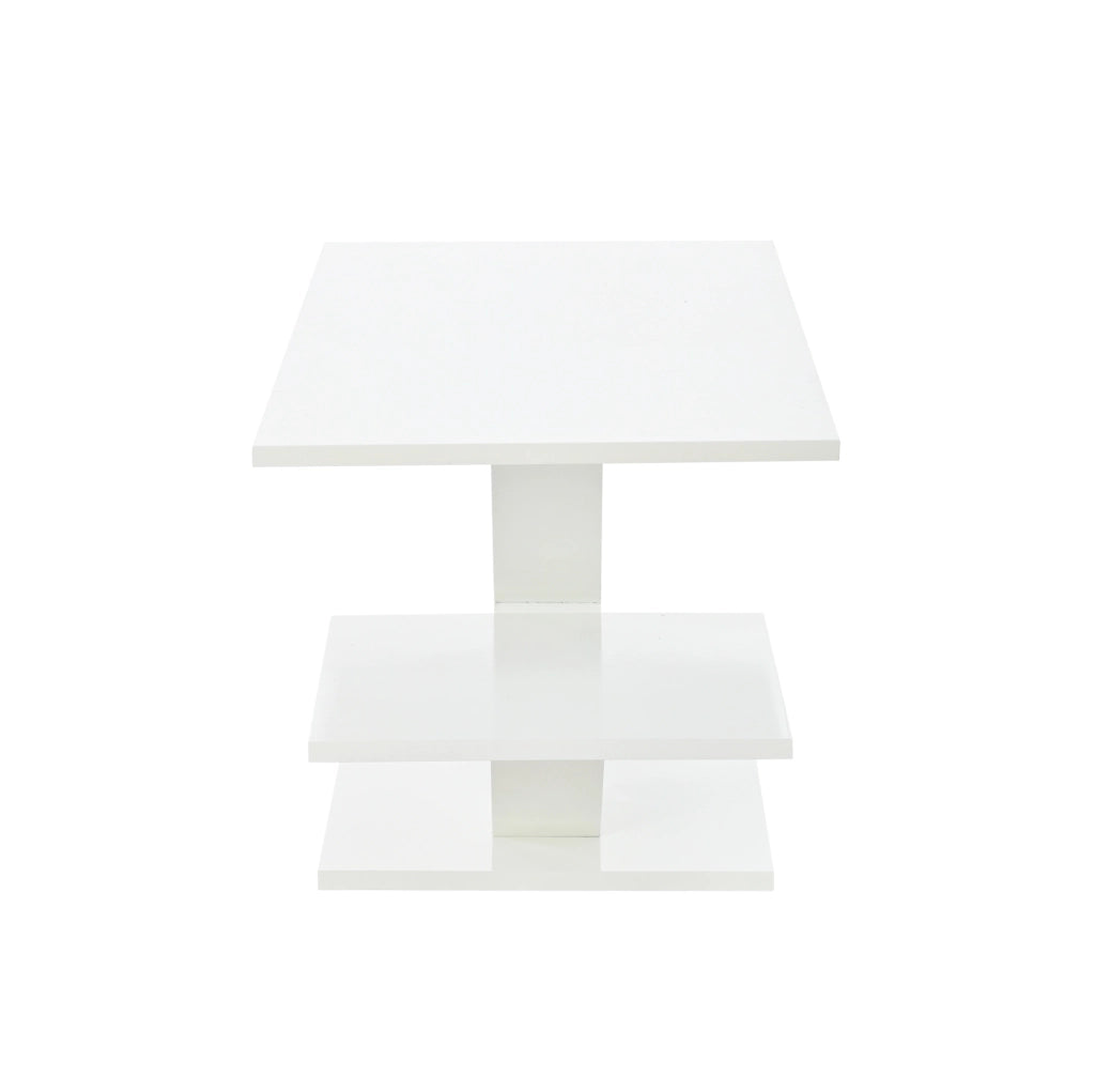 Tavolino da caffè rettangolare bianco lucido 100x48x45 cm in MDF con doppio ripiano