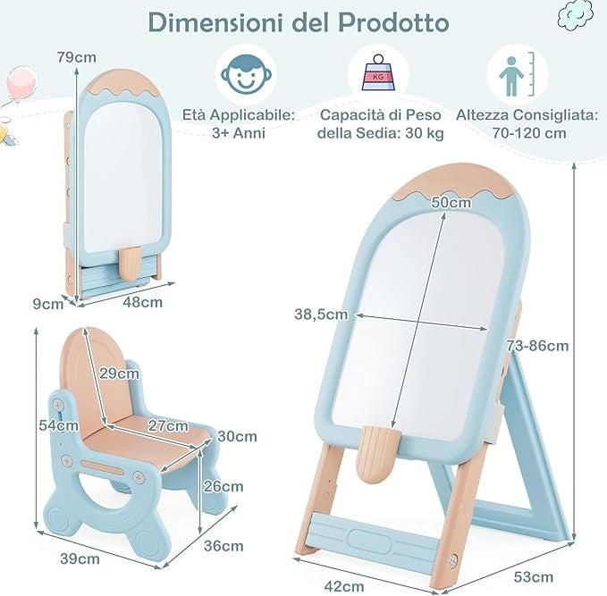 Lavagna Cancellabile con Sedia per Bambini, Set Tavolo e Sedie per Bambini con Scatola Portaoggetti, Piedini Antiscivolo, Cancellino e Pennarelli, Cavalletto per Cameretta (Blu)