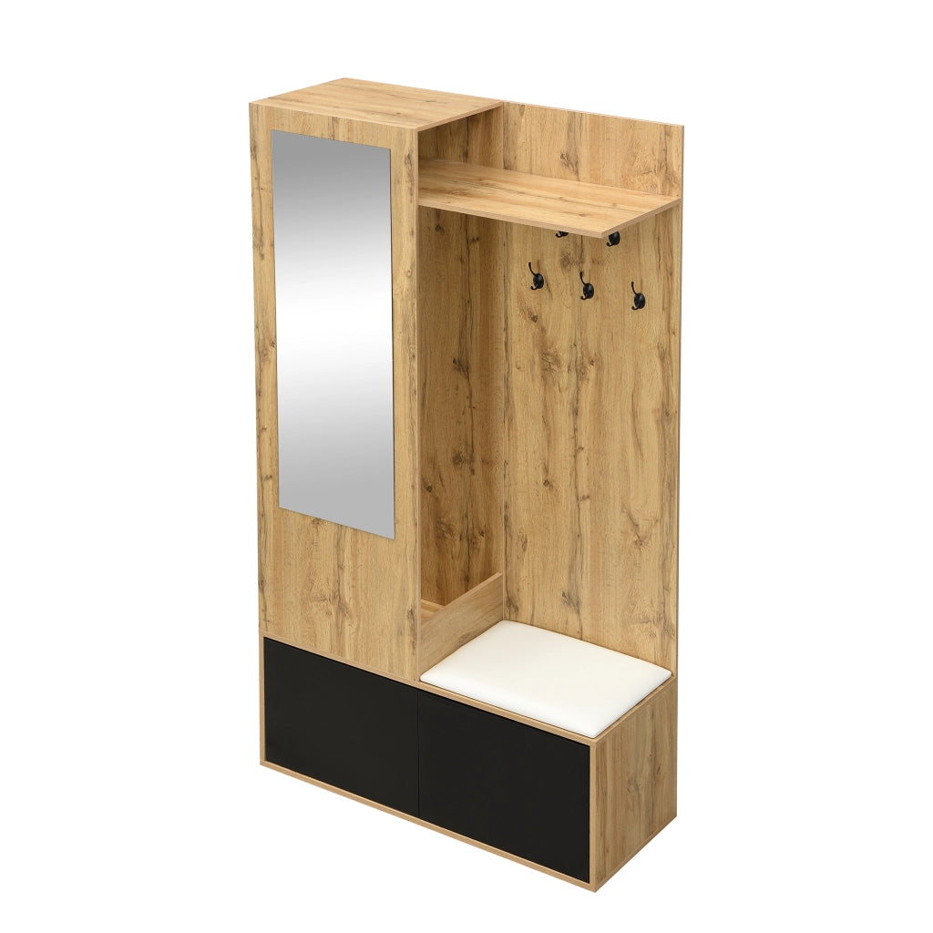 Ensemble de meubles de salon appendiabiti, specchio, panca portascarpe, MDF nero e naturale