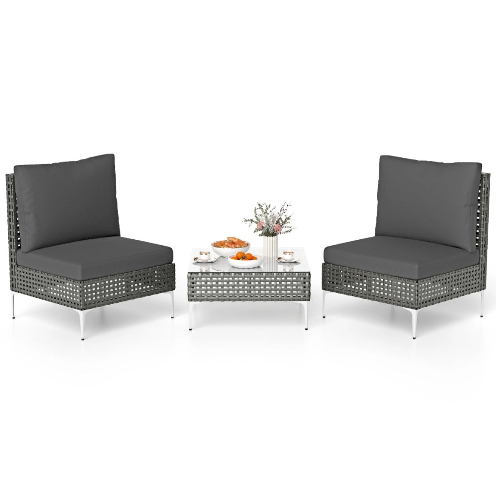 Set da conversazione in rattan con cuscini e tavolino in vetro temperato, Mobili da esterno da 3 pezzi con tavolo e sedie Grigio-Set mobili da esterno
