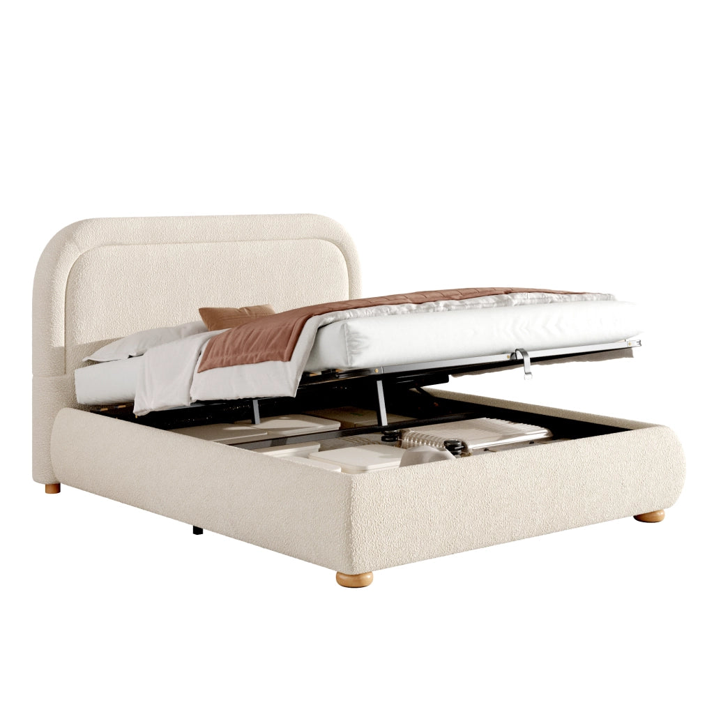 Letto Contenitore Matrimoniale 140x200 cm; Contenitore idraulico; in Bouclé; Beige