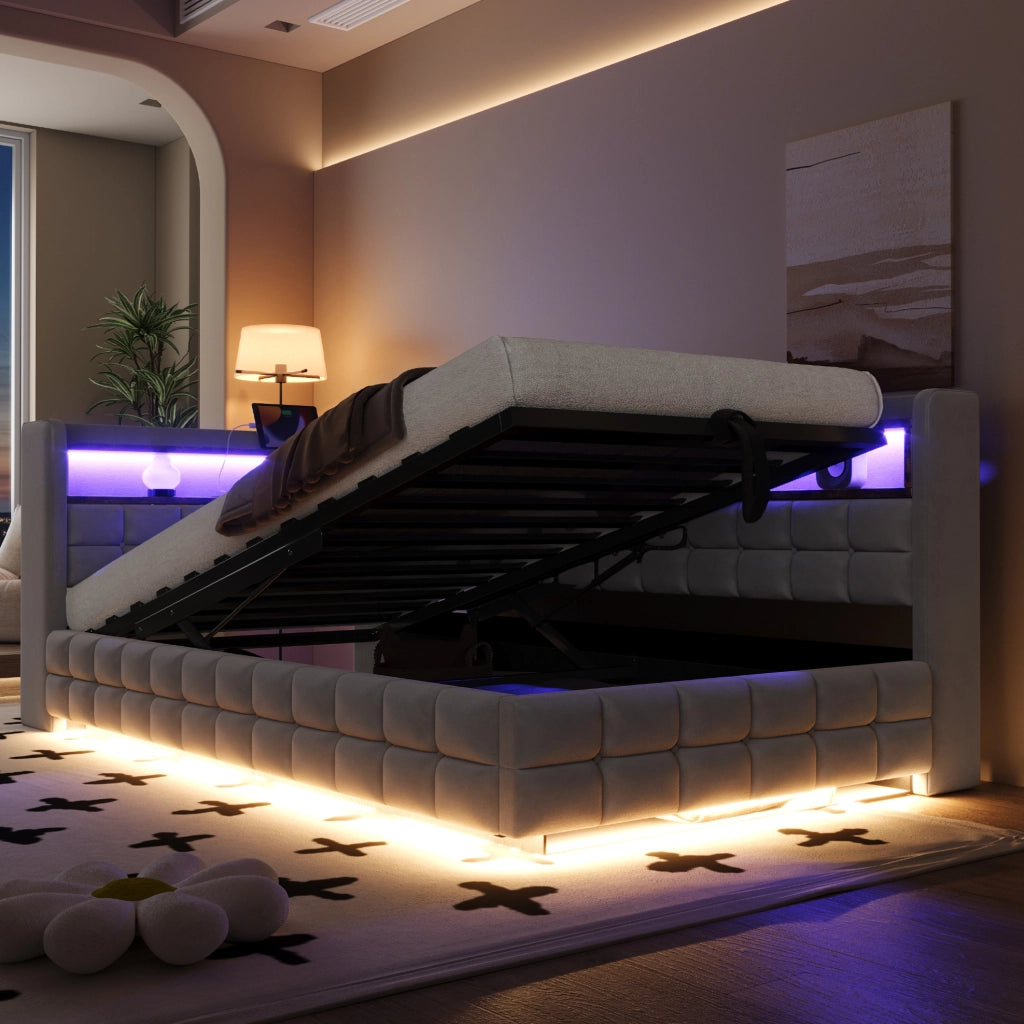 Divano letto imbottito 90x200 cm con LED e ricarica USB-C