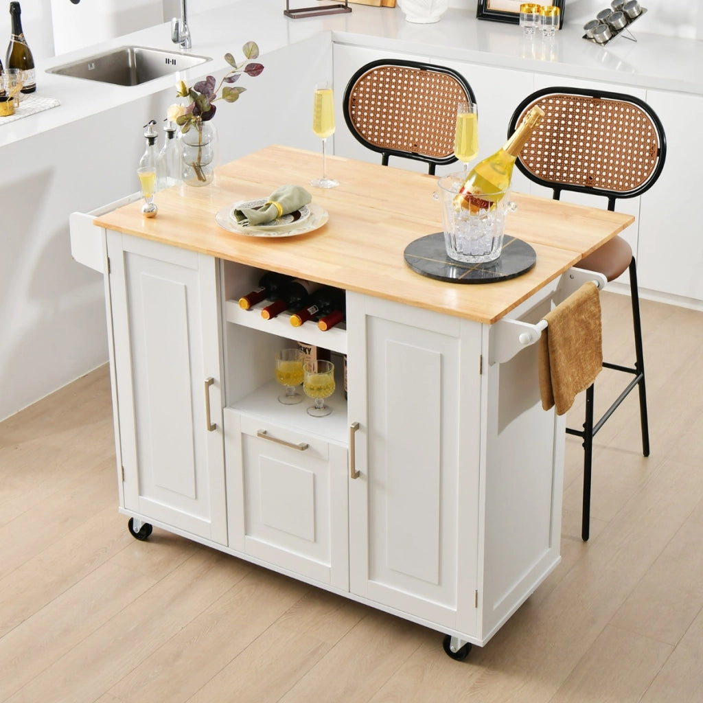 Carrello cucina isola con piano ribaltabile e 4 ruote girevoli, Isola cucina con cassetto profondo portabottiglie Bianco-Carrelli