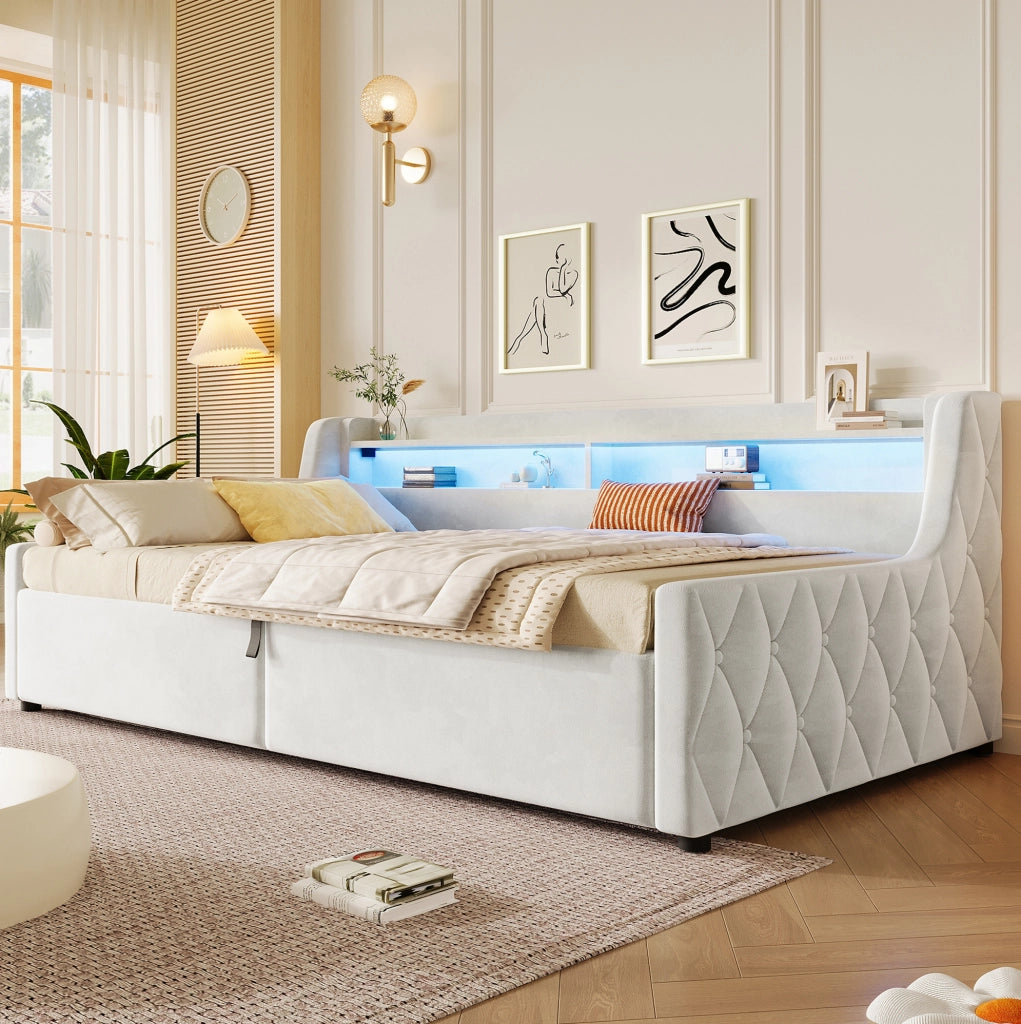 Letto imbottito 90x200 cm con contenitore idraulico e LED in flanella bianco sporco