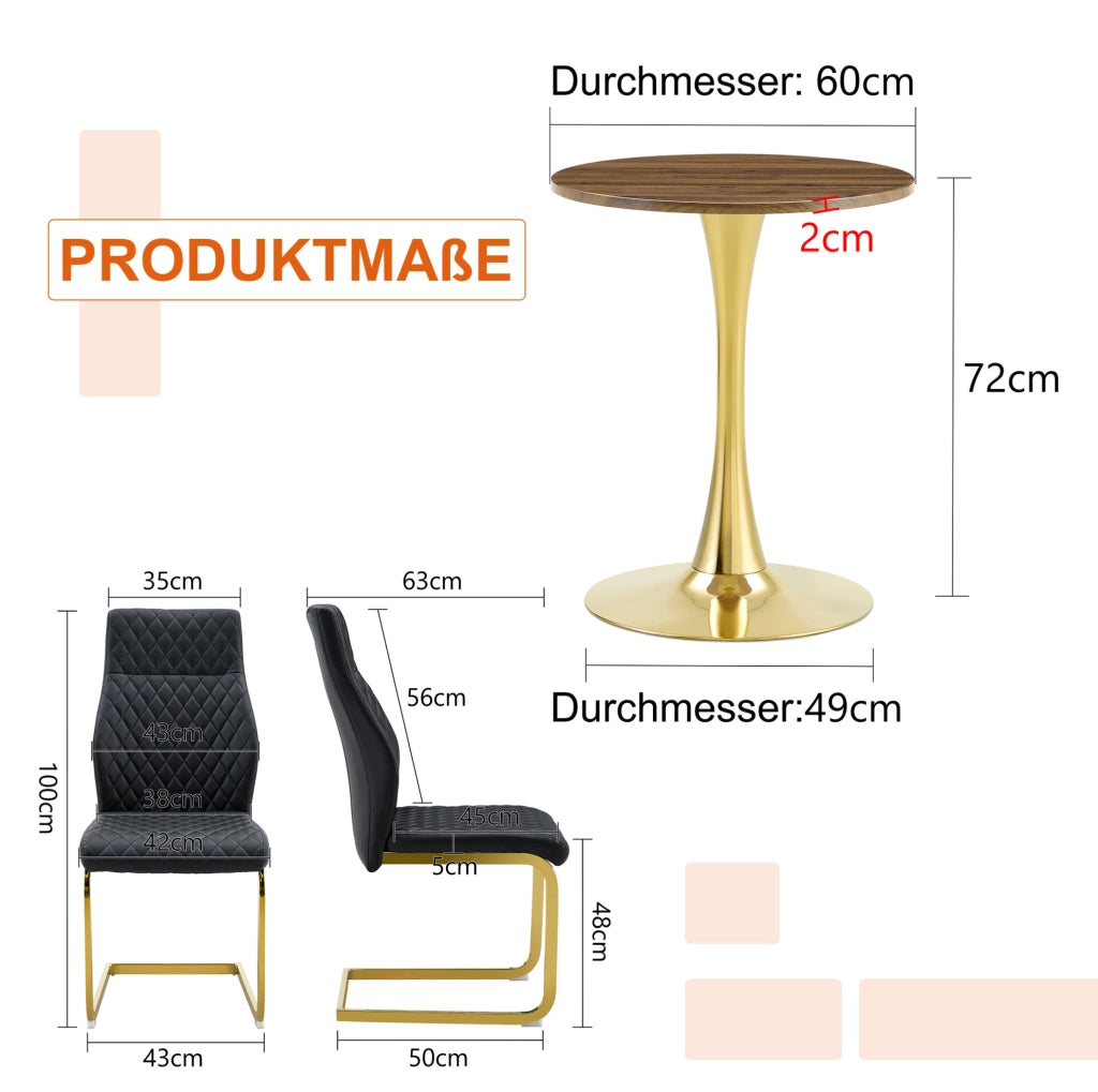 Set tavolo e sedie 60 cm in MDF effetto noce, nero e oro, per 2 persone