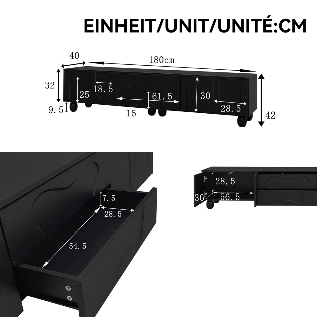 Mobile TV 180x40x42 cm; ampio spazio contenitore con montaggio semplice; truciolare nero
