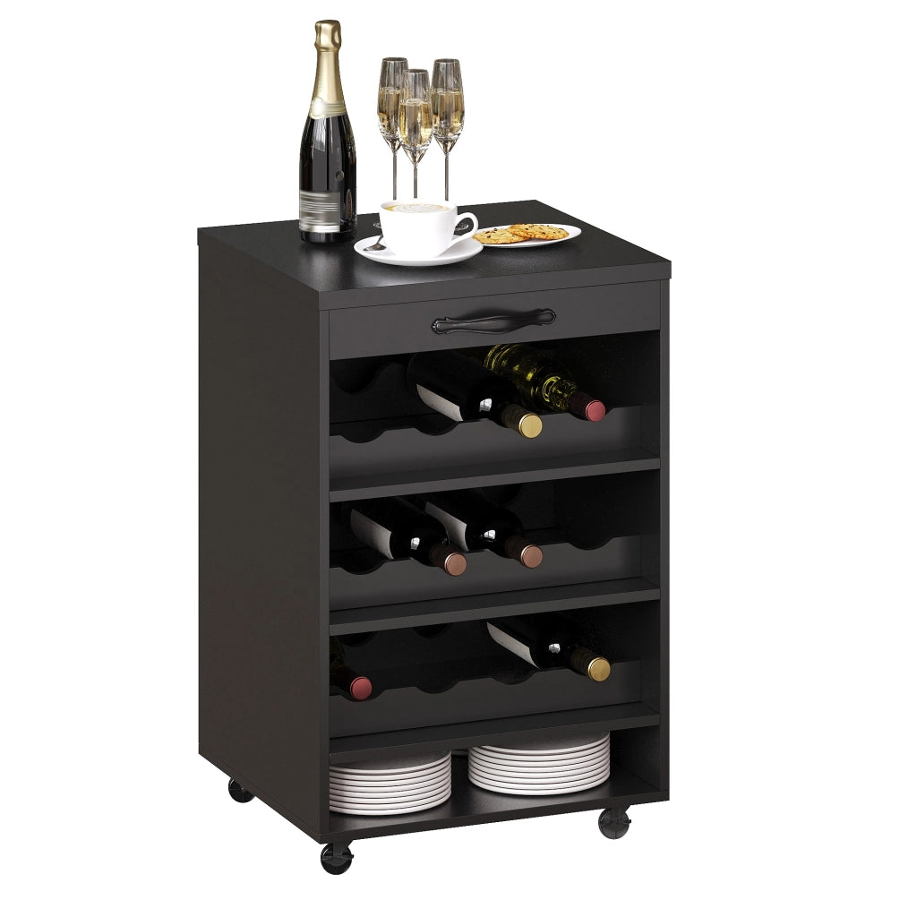 Armadio cucina 140 cm con carrello estraibile, illuminazione LED dimmerabile, 4 ante in vetro, cassetto e portabottiglie, nero