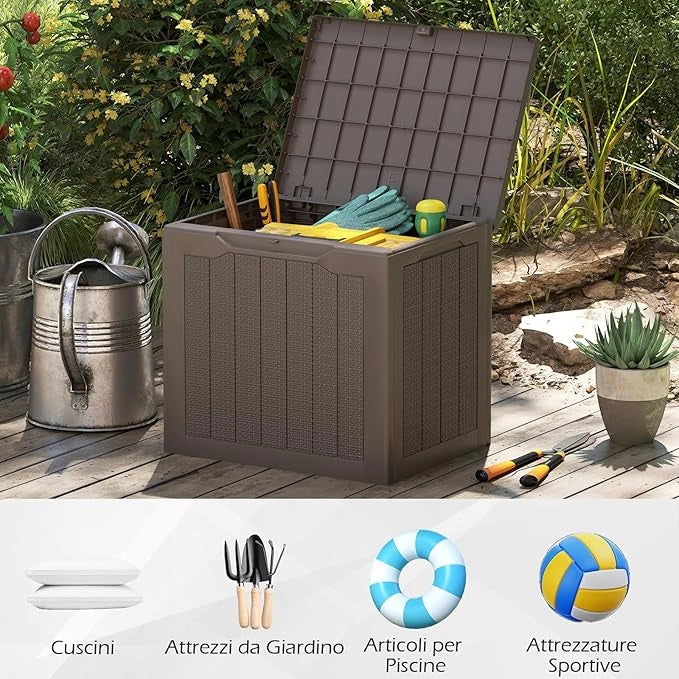 Baule da Esterno 96 L, Cassapanca Contenitore con Coperchio Bloccabile e Tessitura in Vimini, per Giardino e Cortile, 56 x 41 x 50,5 cm (Marrone)