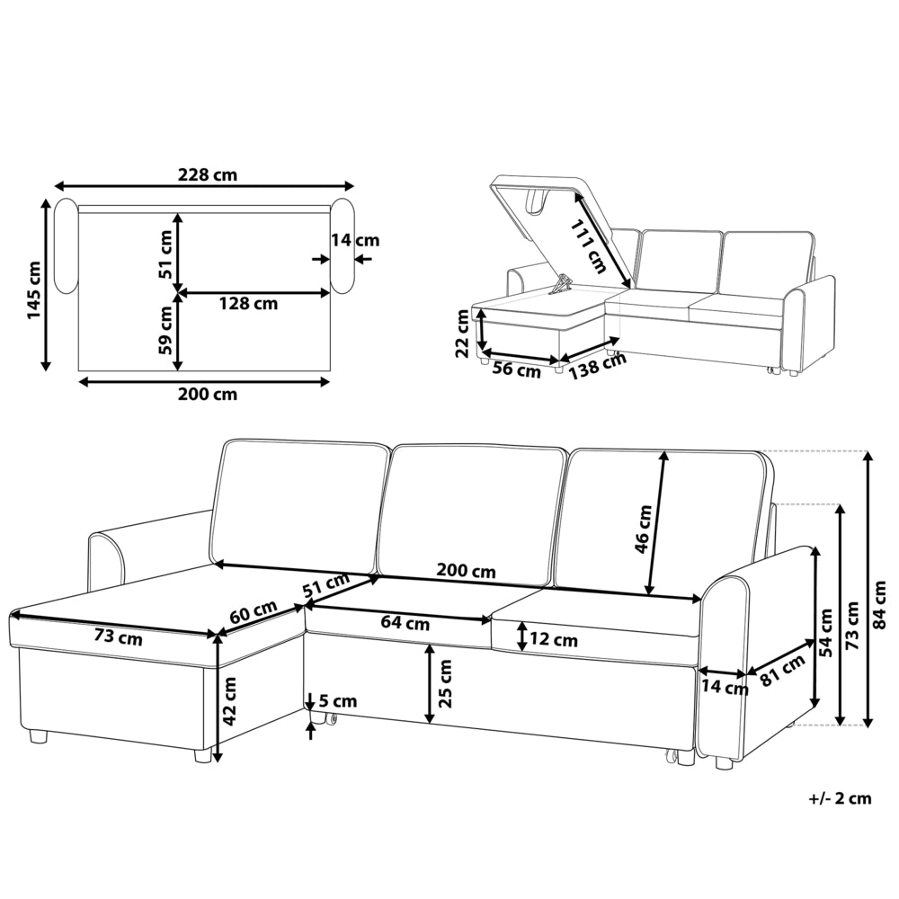 Divano letto ad angolo imbottito in tessuto grigio con orientamento a versione destra con letto contenitore