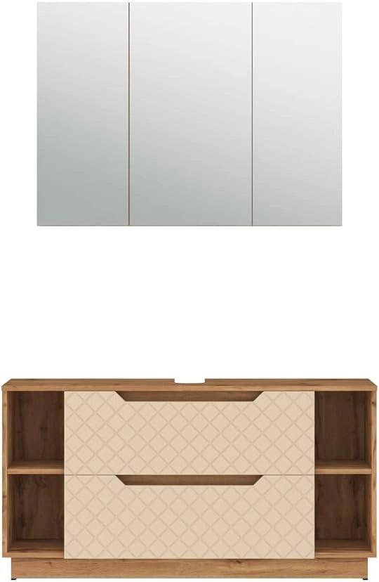 Vicco Set di mobili da bagno Lotta, Rovere/cashmere con struttura in piastrelle, 2 parti
