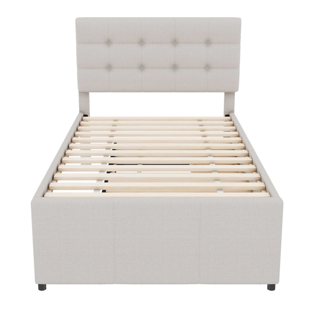 LETTO imbottito estraibile 90x200 cm lino beige con 3 cassetti