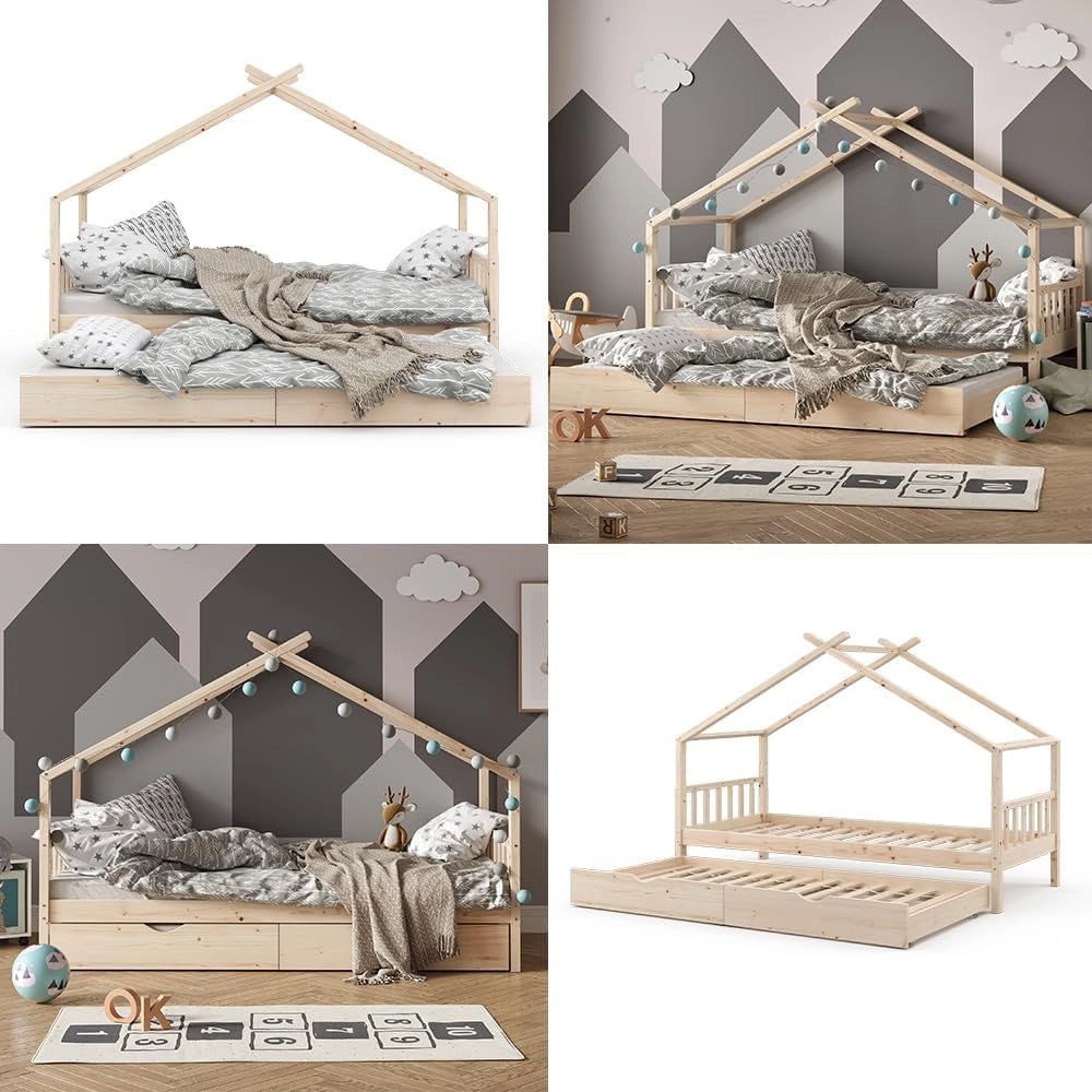 Letto montessori bambini Design, Legno naturale, 90x200 cm con letto per ospiti, con sponda anticaduta e rete a doghe per un sonno sicuro