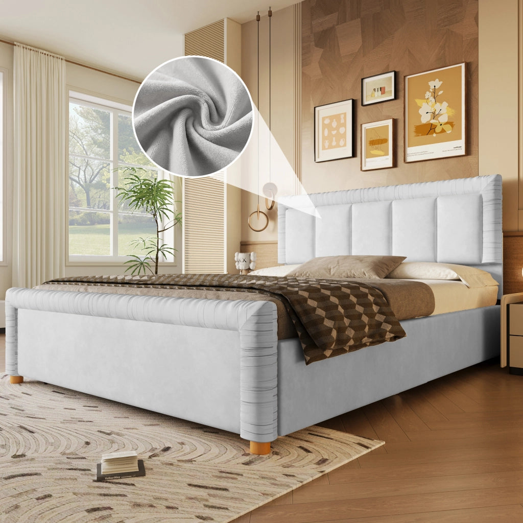 Letto imbottito 140x200 cm in velluto grigio con 2 cassetti e testiera imbottita