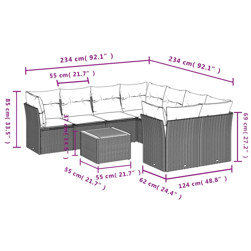 Set Divani da Giardino 9 pz con Cuscini Nero in Polyrattan 3255860