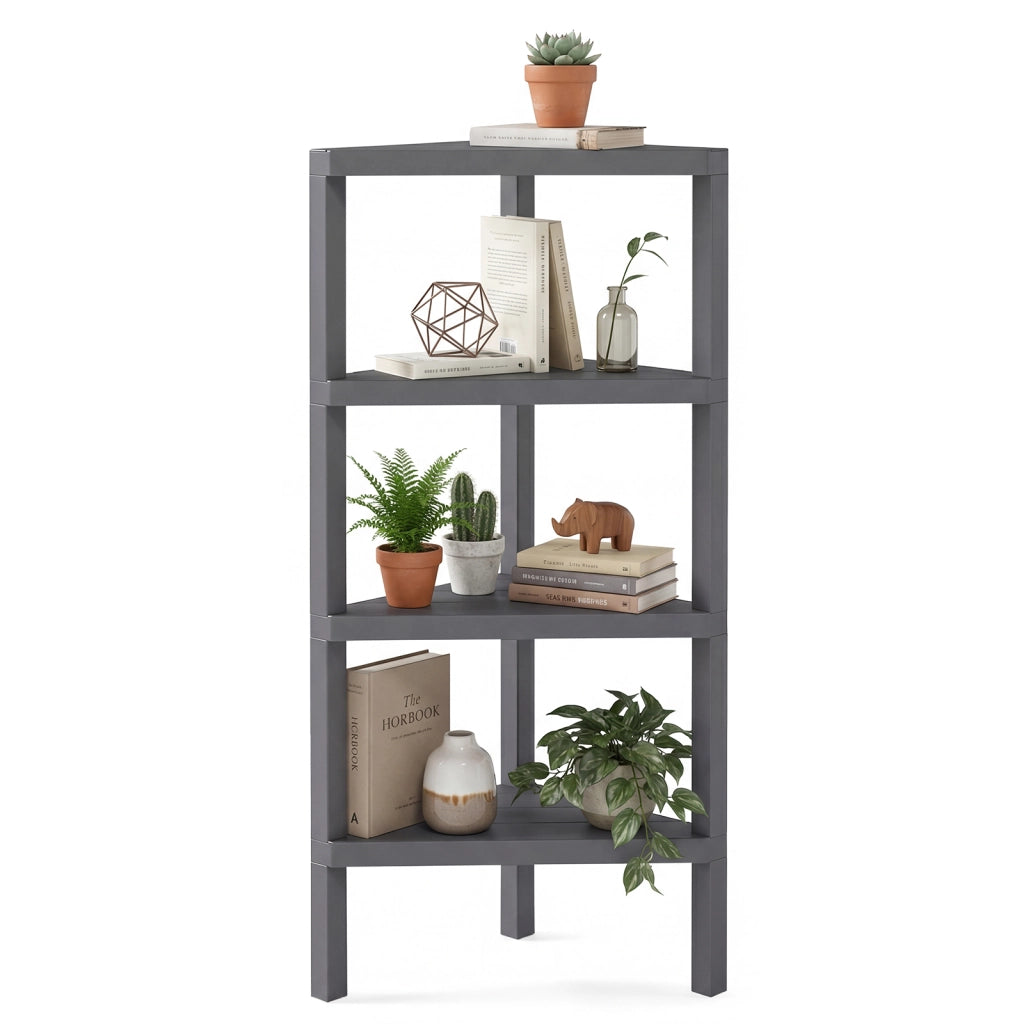 Supporto scaffale ad angolo a 4 ripiani con scaffali a doghe aperte, Libreria moderna per casa e ufficio Grigio