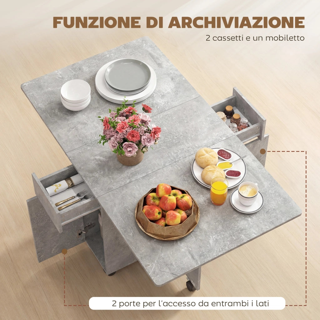 Tavolo da Pranzo Pieghevole con Ruote e 2 Cassetti ¨C Xylo ¨C Legno Grigio Cemento 140x76x74 cm