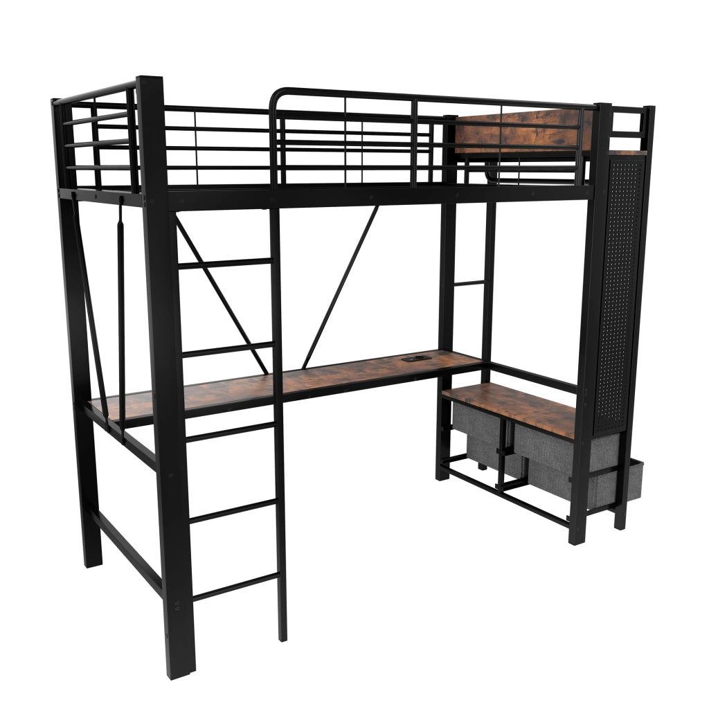 Letto a soppalco 90x200 cm con scrivania e 4 cassetti; in metallo e MDF nero; LED e USB-C per camera da letto