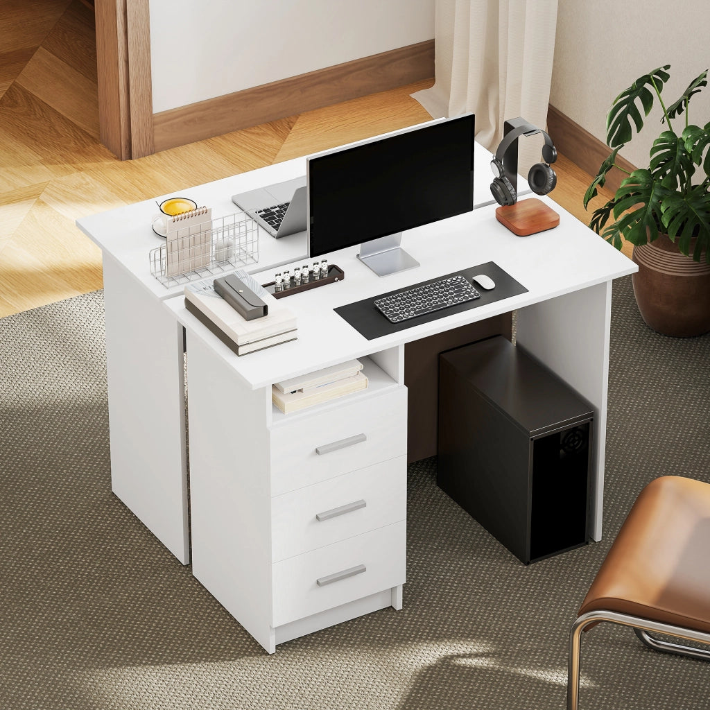 Scrivania Moderna in Legno con 3 Cassetti e Ripiano Aperto ¨C zephmum ¨C Bianco e Marrone 100x40x75 cm