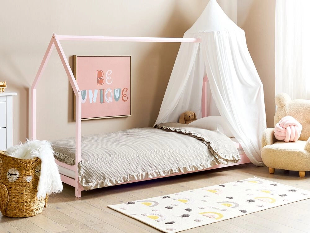 Letto per bambini con baldacchino e rete in legno di pino di colore rosa 90 x 200 cm cameretta