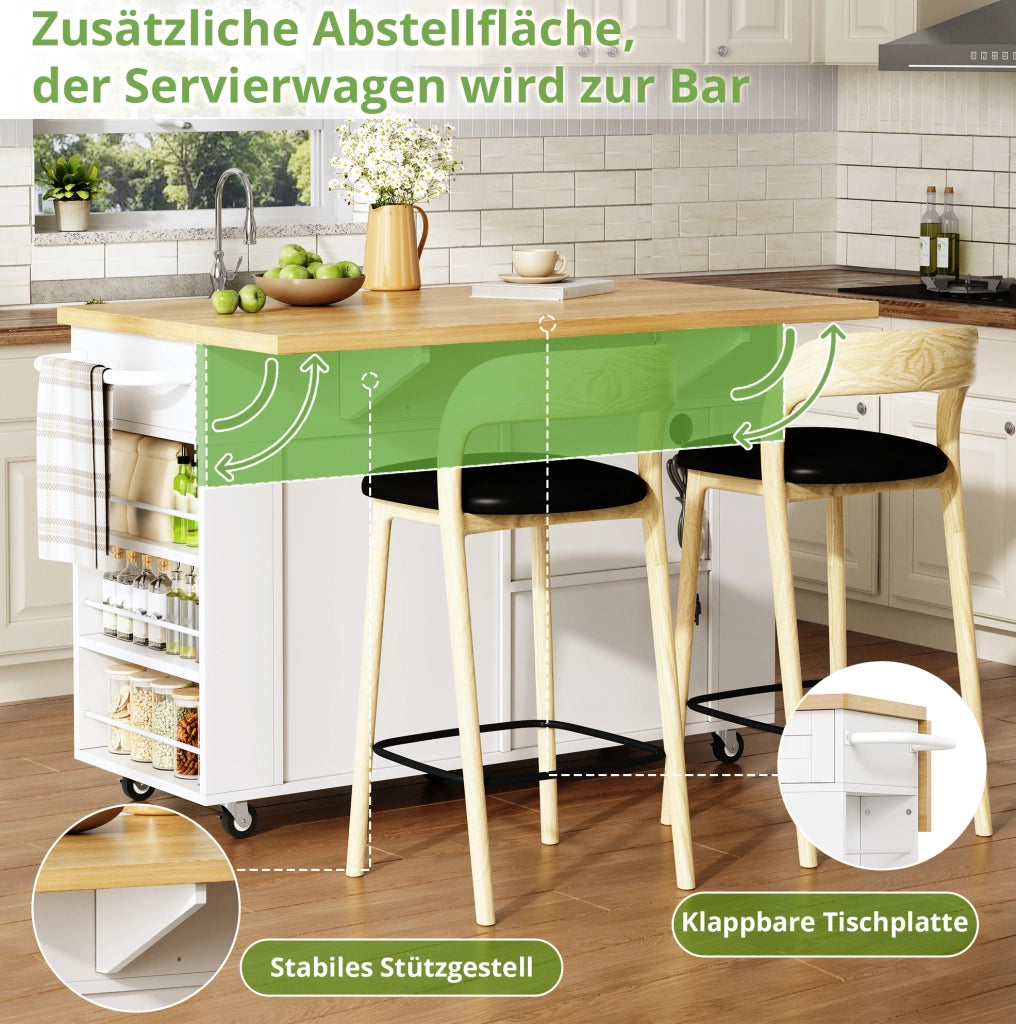 Isola da cucina mobile con piano pieghevole e prese, 120 cm